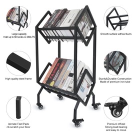GSMFS with 360°Rotation Wheels 2-Tier Metal Book Carts,Used for Study Rooms, Living Rooms, Sofas, and Beds Library Cart, Slanted Bookshelf Study Rooms