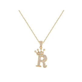 BELUCKIN Crown A-Z Initial Necklace Gold Plated Sparkling Crystal Monogram Letters Pendant Necklaces for Women Alphabet Name Jewelry Gift (R)