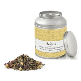 Novecento Tè® White Tea Kenya Banana Sultana Vine Leaves - 90 g White Tea Mango, Lime, Coconut, Papaya White Tea Blend with Fruit Pieces in Loose Metal Tin