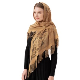 PAMOR Triangle Catholic Church Veil Chapel Veil Scarf Mantilla Veils Wrap Shawl Mass Head Covering with Fringe Trim (Beige)