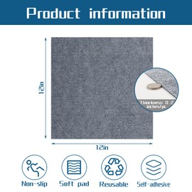 Carpet Tiles Peel and Stick, Self Adhesive Carpet Floor Tile 20 Tiles/20 sq Ft Anti-Slip Squares Soft Padded Carpet Tiles for Kitchen Bedrooms Indoor Outdoor（12" x 12"）