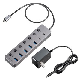Sanwa Direct USB Hub Type-C Connection 7 Ports USB-C×2/USB-A×5 Self-Powered USB Charger with Individual Switch USB 3.2/5Gbps AC Adapter Included 400-HUBC32GM