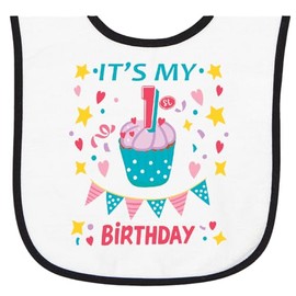inktastic Colorful Cupcake and Confetti Girls 1st Birthday Baby Terry Cloth Bib White and Black 41e0d