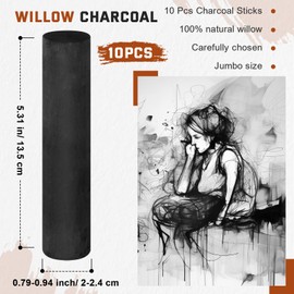 Gueevin 10 Pcs Jumbo Willow Charcoal Sticks 0.79-0.94 Inch Large Soft Willow Charcoal Chunky Drawing for Sketching Artist Supplies, Black