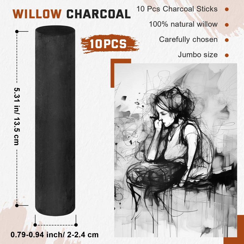Gueevin 10 Pcs Jumbo Willow Charcoal Sticks 0.79-0.94 Inch Large