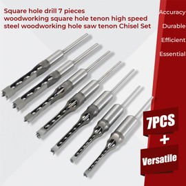 findmall 7Pcs Square Hole Drill Bit Set HSS Square Hole Saw Mortise Chisel Drill Bit Tools 6/25, 1/4, 5/16, 3/8, 2/5, 1/2, 9/16 Inch Fit for Mortising Machines Drill