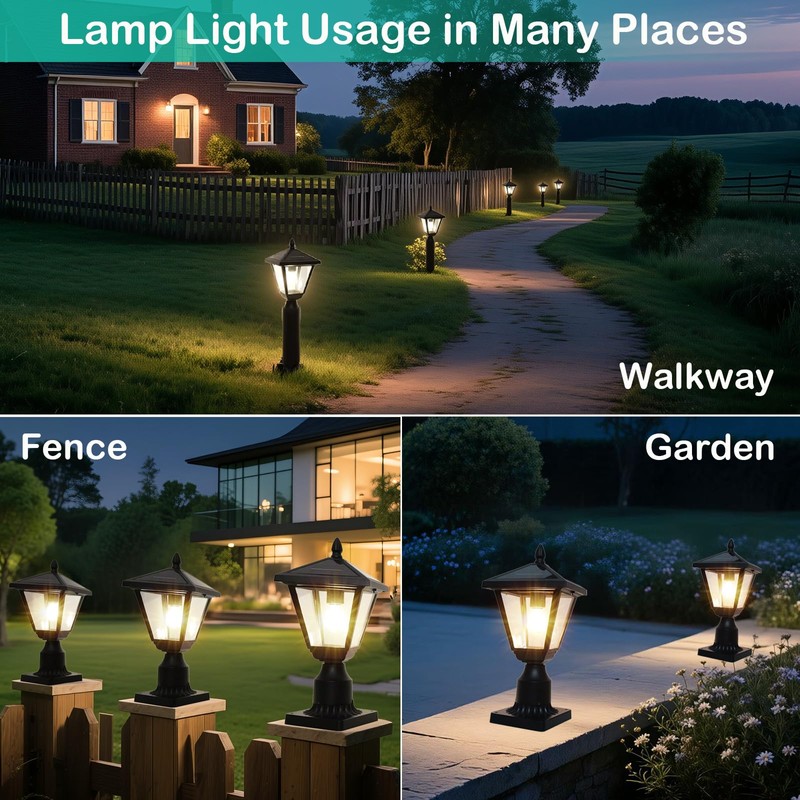 Jalarox Solar Post Lamp Lights, Metal and Glass Built Dusk
