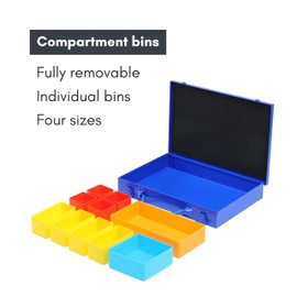 Mini Tool Box Parts Organizer, Blue Metal Box With 10 Plastic Compartment Bins, Hardware Organizer for Screws, Nails and Bolts, Easy Carry Handle, 4-Color Modular Bins