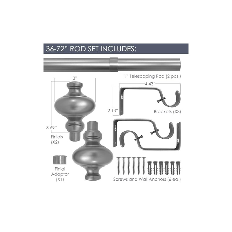 Cardiff 36-72 Inch Adjustable Curtain Rod Set, 1 Inch Diameter