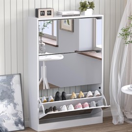 BORNOON Shoe Cabinet with 3-Flip Mirror Drawers, Freestanding Shoe Rack Organizer with Hidden Handle, Slim Narrow Shoe Storage Cabinet for Entryway, Entrance, Hallway, Bedroom