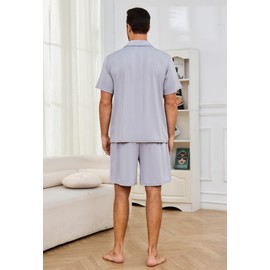 EK4YDNDS Men Pajama Set, Button up Sleepwear Short Sleeve Pjs Soft Lapel Loungewear with Pockets (Light Grey, L)