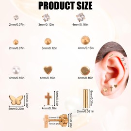 12 Pairs Flat Back Stud Earrings, Gold Small Tiny Tragus Earring, Hypoallergenic Flower CZ Pearl Cross Butterfly Dot Heart Stainless Steel Screw Cartilage Jewelry Gift Accessories for Women Men (Gold)