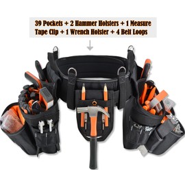 WELKINLAND 39Pockets Tool Belts for Men with Suspenders, 4" Padded Toolbelt, Tool Belt with Suspenders, Black W/Orange, One Size (38"-48")