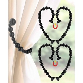 Black Boho Curtain Tie Backs Magnetic- Wood Bead Curtain Tiebacks, Strong Magnets Clousure, Beaded Curtain Holdbacks for Boho Living Room Decor, Boho Home Decor, Nursery Decor, Black,4