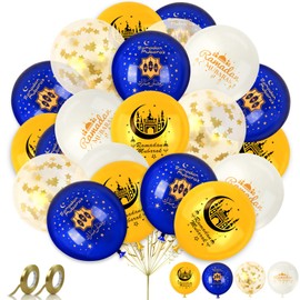 AhfuLife Pack of 32 Ramadan Mubarak Balloons Decoration, Star Moon Blue White & Gold Balloons Ramadan Kareem Decoration for Muslim Islamic Party Umrah Eid Mubarak Decoration