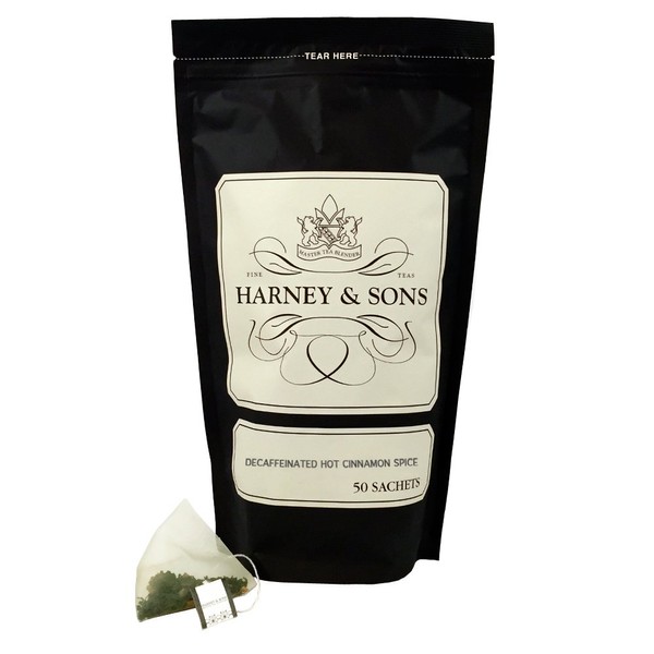 Harney & Sons Decaffeinated Hot Cinnamon - Ceylon Black Tea with Three Types of Cinnamon, Orange Peel and Sweet Cloves - 50 Count Sachet Bag