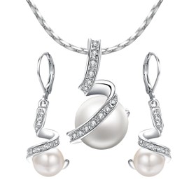 Aleasha White Single Pearl Necklace Earrings Set Silver Faux Pearl Earriings Women Spiral Necklaces Jewellery Set Bridal Gift