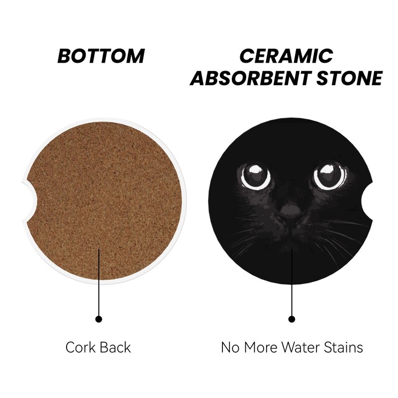 Cute Black Cat Car Coasters for Drinks Absorbent, 2 Pack
