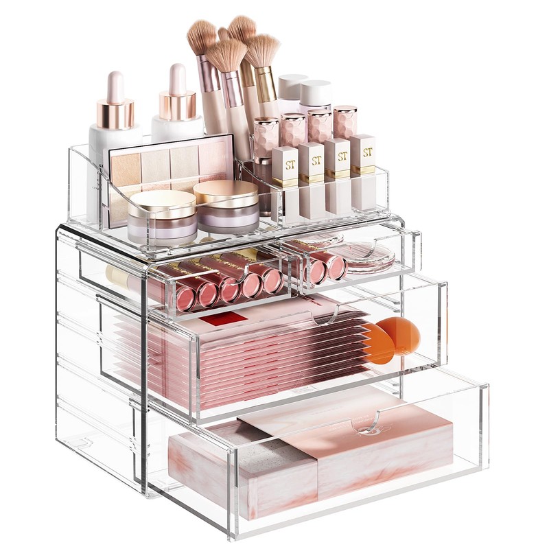 Delamu 4-Tier Clear Makeup Organizer with Drawer - Stackable Acrylic