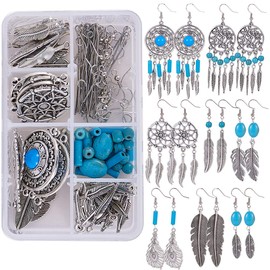 SUNNYCLUE 1 Box DIY 8 Pairs Bohemian Feather Dream Catcher Earring Making Starter Kit with Dreamcatcher Feather Charm Connector, Turquoise Gemstone Beads, Earring Hooks Jewelry Supplies Beginners…