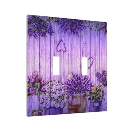 Wood Lavender Flower Pots Double Toggle Light Switch Cover 2 Gang Decora Wall Plate Electrical Switchplate Decorative Faceplate for Home Kitchen Farmhouse Decor