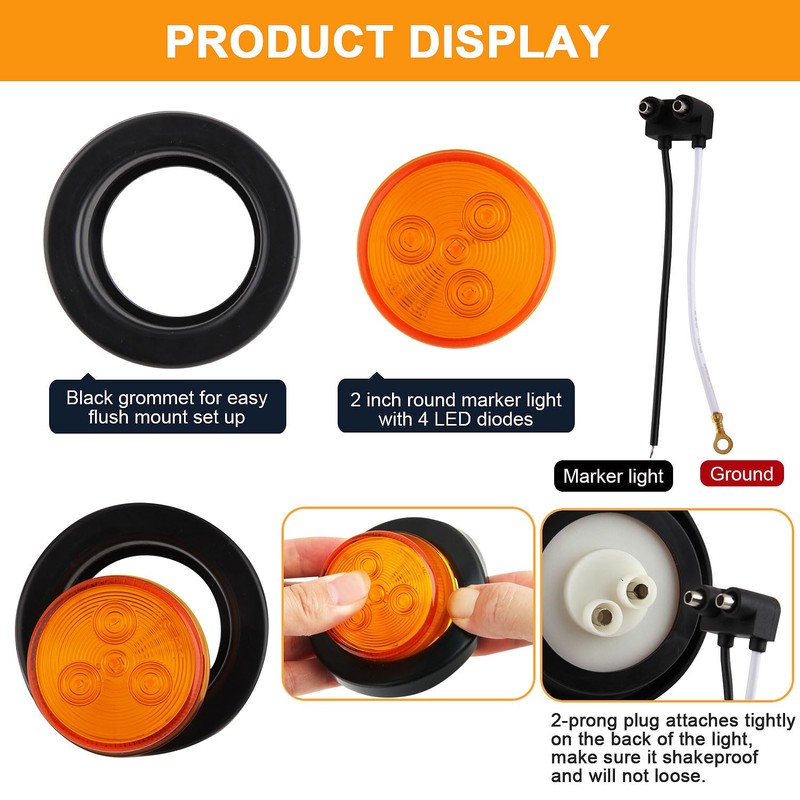 Traberm 16Pcs 2" Inch Round Amber LED Trailer Side Marker