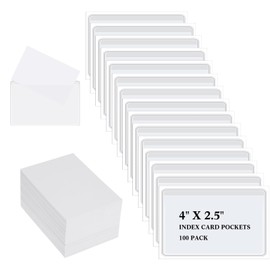 Outus 100 Pieces Self Adhesive Index Card Pockets with Blank Cards 4 x 2.5 Clear Adhesive Pockets Label Holders Bin Labels for Storage Bins Organizing Box Drawer