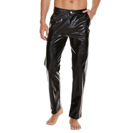Mens Metallic Shiny Disco Pants, Wet Look Party Dance Straight Leg Trousers, 70s/80s Festival Rave Cosplay Leather Pants (Black, M)