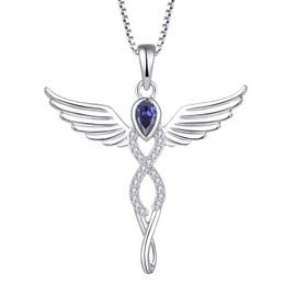 FJ Infinity Angel Wings Necklace 925 Sterling Silver Guardian Angel Pendant Tanzanite Necklace December Birthstone Jewelry Gifts for Women
