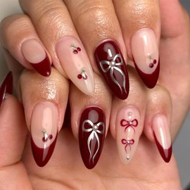 Vopintpy Silver Bow Press on Nails Long Almond Fake Nails Wine Red French Tip Acrylic Nails with Cherry Design Glossy Nude Glue on Nails Reusable Stick on Nails for Women DIY Manicure Decoration