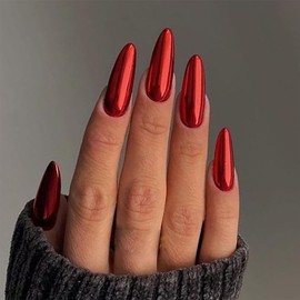 Thick Acrylic Red Press on Nails Medium,Medium Length Press on Nails Red Acrylic,Fake Nails with Glue Almond Long Nails Press on (Red, M)
