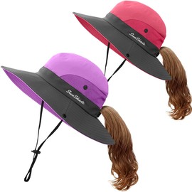 IYEBRAO 2 Pieces Kids Girls Sun Hat with Ponytail Hole Summer Wide Brim UV Protection Bucket Cap for Beach ＆ Fishing (Purple＆watermelon Red)