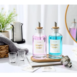 Glass Mouthwash Dispenser for Bathroom, 11.8oz Mouthwash Decanter Bottle with Stianless Steel Spouts, Mouthwash Containeer with Bamboo Holder, Refillable Cups, Reusable Funnel, Golden Stickers