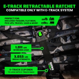 Rhino USA E Track Retractable Ratchet Tie Down Straps - 3033lb BreakStrength - Only for E Track Rail Systems. 4 Premium 2" x10' eTrack Tie Downs-Heavy Duty eTrack Cargo Strap System for Trailer-Black