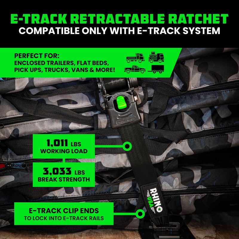 Rhino USA E Track Retractable Ratchet Tie Down Straps -