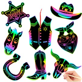 JULMELON 36 PCS Western Crafts, Rainbow Scratch Art Cowboy Rodeo Party Favors DIY Magic Color Scratch Paper Cards for Western Theme Birthday Party Favors School Activities Games