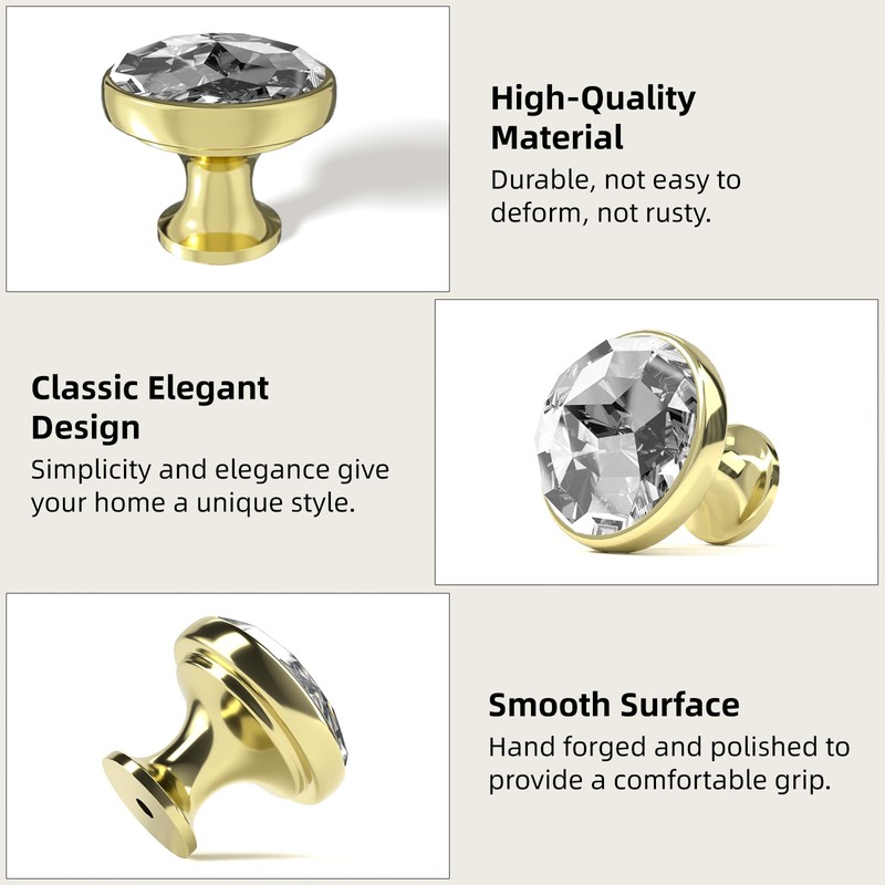 ELEBUILD 10 Pack Clear Crystal Cabinet Knobs, Gold, Kitchen Cupboard