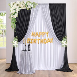 Wrinkle Free 10ft x 10ft White Backdrop Curtain &10ft x 10 ft Black Backdrop Curtain&4ft x 10 ft Silver Sequin Backdrop Curtain for Baby Shower, Wedding, Birthday, Graduation Party Decoration