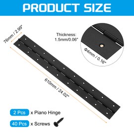 uxcell 2 Pack Piano Hinge, 24" Stainless Steel Continuous & Piano Hinges 3" Open Width 0.06'' Thick Heavy Duty Piano Hinges with Screws for Piano, Cabinets, Doors, Black
