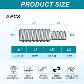 PATIKIL M8x15 to M12x15 Double End Threaded Stud Screw Bolt, 5 Pack Slotted Head 304 Stainless Steel Rod Bolts Thread Reducer Adapter for Furniture Fastener, 30mm Long
