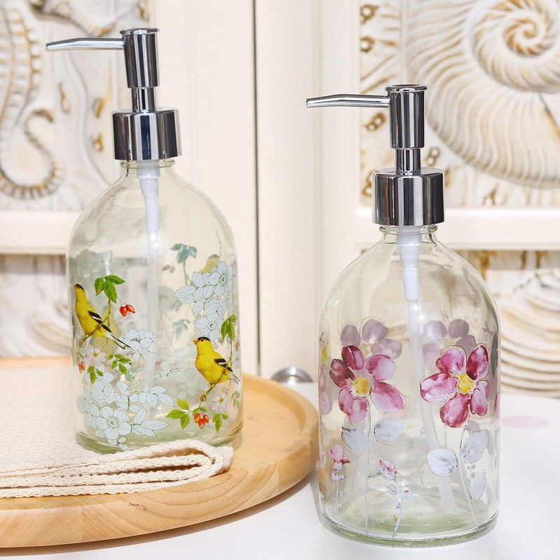 17oz Flower Glass Soap Dispenser Bottle with Plastic Pump,Set of