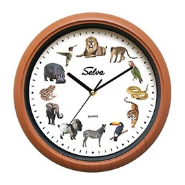 SELVA Animal Clock, Wall Clock, with Animal Sounds at Every Hour and Colourful Illustrations, Plastic Case, Wood Look, Colour: Zoo