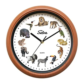 SELVA Animal Clock, Wall Clock, with Animal Sounds at Every Hour and Colourful Illustrations, Plastic Case, Wood Look, Colour: Zoo