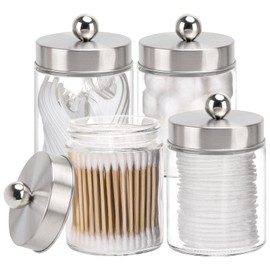 Tbestmax Glass Qtip Holder Dispenser, 10-Ounce Bathroom Containers Apothecary Jars with Metal Lids for Cotton Ball Swab Pad (4 Pack)