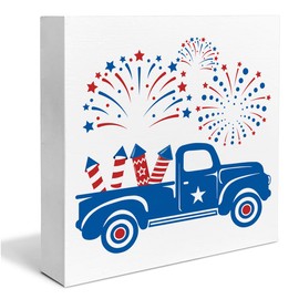 Patriotic Sign Independence Day Decor American Fireworks Wooden Box Sign Patriotic Truck Desk Decoration Square Wood Sign Wood Block Plaque Box Sign for Shelf Home 5 x 5 Inches