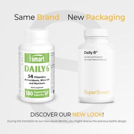SUPERSMART - Daily 6 ® - Powerful Mutlivitamin Formula with 55 Ingredients (with PQQ, Nicotinamide Riboside) - Support Healthy Cardiovascular System | Non-GMO & Gluten Free - 180 Vegetarian Capsules