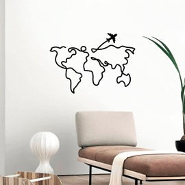 Vinyl Wall Art Decal - World Plane - 24" x 17" - Modern Inspirational Map Airplane Design Sticker for Travel Lovers Home Office Bedroom Living Room Decor (Black)