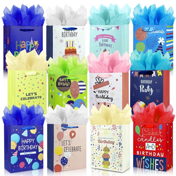 MUMULULU 12 Pack Birthday Gift Bags with Ribbon Handle and