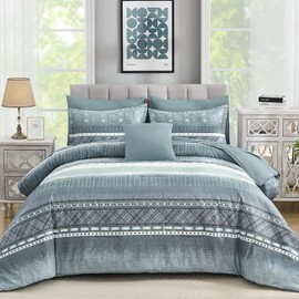 WONGS BEDDING 8 Piece King Size Comforter Set, Blue Striped Bed in a Bag Comforter and Sheet Set, Boho Lightweight Microfiber Bedding Set for All Season (90"×104")