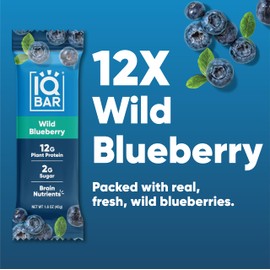 IQBAR Brain and Body Plant Protein Bars - Wild Blueberry - 12-Count - Keto, Vegan, Low Carb, High Fiber, Gluten Free, Dairy Free, Low Sugar Snack with Nutrients for Focus, Energy, Meal Replacement